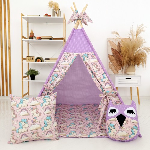 TIPI namiot dla dzieci – Wigwam fioletowy Jednorożce z matą i poduszkam - MINI