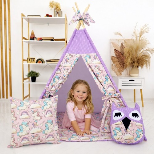 TIPI namiot dla dzieci – Wigwam fioletowy Jednorożce z matą i poduszkam - MINI